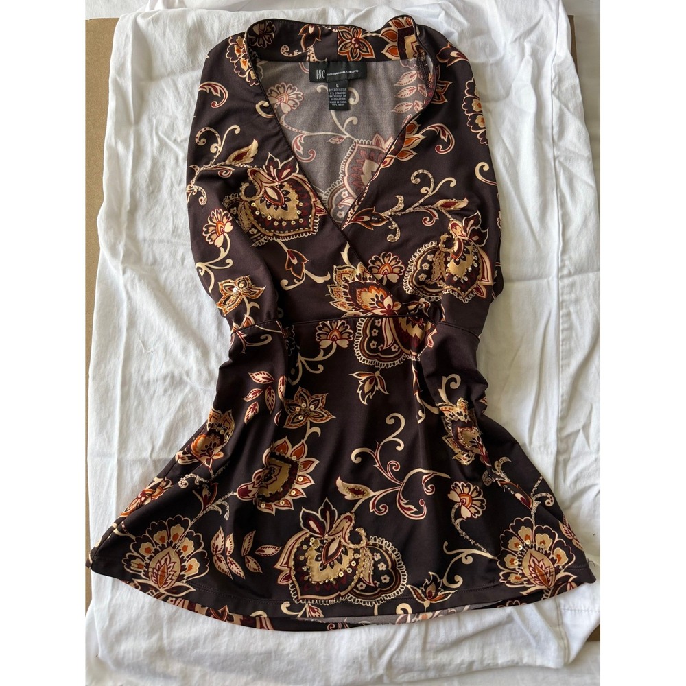 INC International Concepts Y2K Babydoll Top Large Brown Paisley 2000s